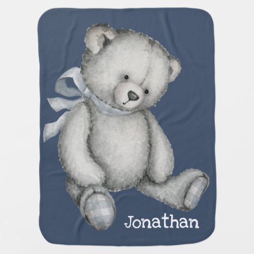 Blue Vintage Teddy Bear Name Boy Nursery Baby Blanket