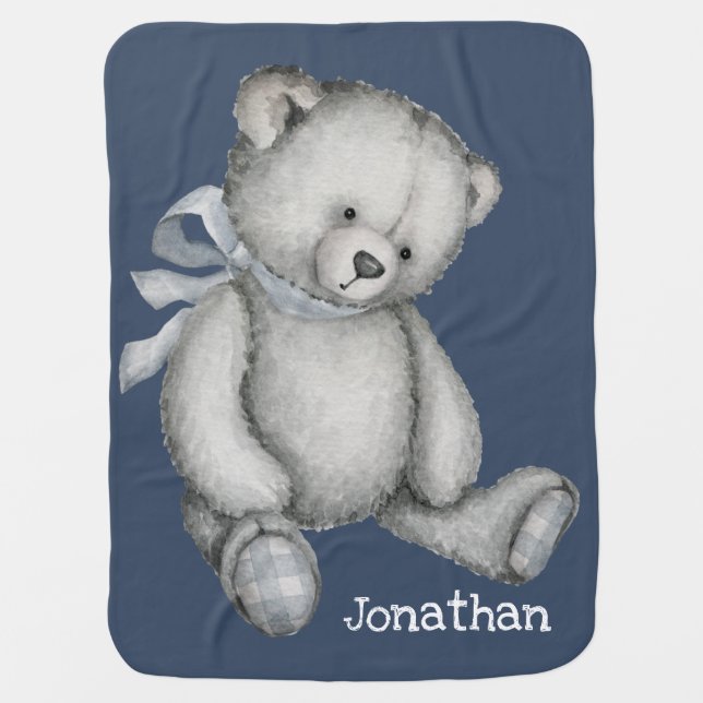 Blue Vintage Teddy Bear Name Boy Nursery Baby Blanket (Front)