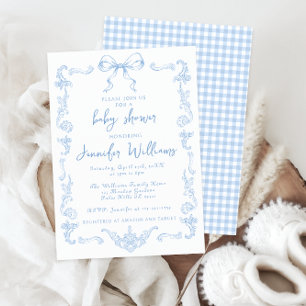 Blue Vintage Toile Bow Gingham Baby Boy Shower Invitation