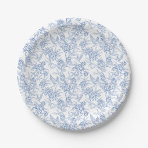 Blue Vintage Toile De Jouy Boy Baby Shower Paper Plates