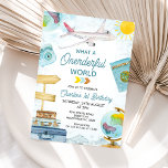 Blue Vintage Travel Onederful World 1st Birthday Invitation<br><div class="desc">Blue Vintage Travel Onederful World 1st Birthday Invitation 

Cute travel themed boy's first birthday invitation featuring a plane,  passport,  globe,  sun,  mountains,  suitcases and more on a faint map background.  This it's a onederful world first birthday invitation is ideal for a travel themed first birthday party.</div>