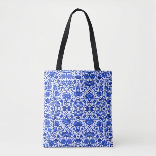 BLUE VINTAGE TROPICAL FOLK ART TOTE BAG