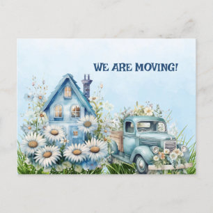 Blue Vintage Truck and House We are Moving Postcard
