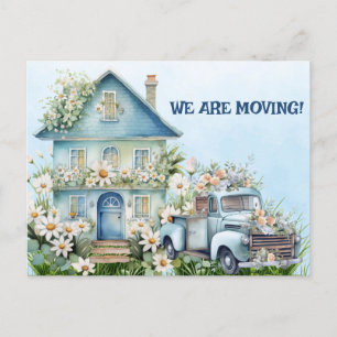 Blue Vintage Truck and House We are Moving Postcard