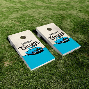 Blue Vintage Truck Custom Name Garage Cornhole Set