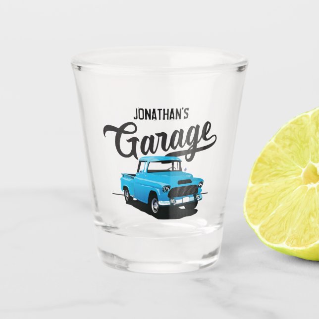Blue Vintage Truck Name Custom Shot Glass (Front)