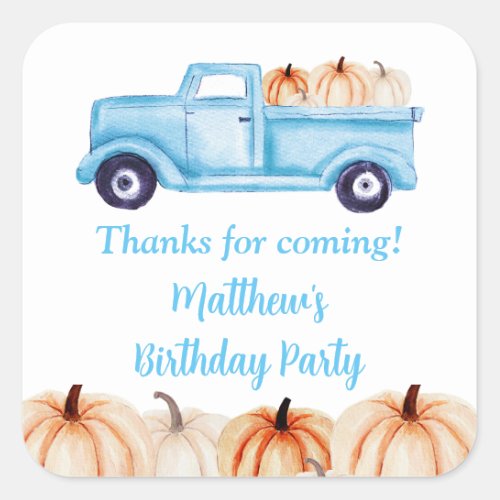 Blue Vintage Truck Pumpkin Birthday Party Favor Square Sticker