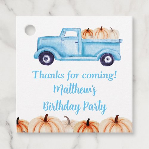Blue Vintage Truck Pumpkin Birthday Party Favor Tags