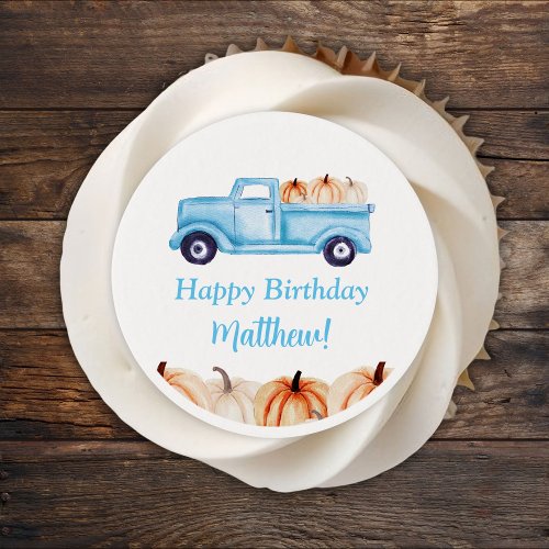 Blue Vintage Truck Pumpkin Boy Birthday Party Edible Frosting Rounds