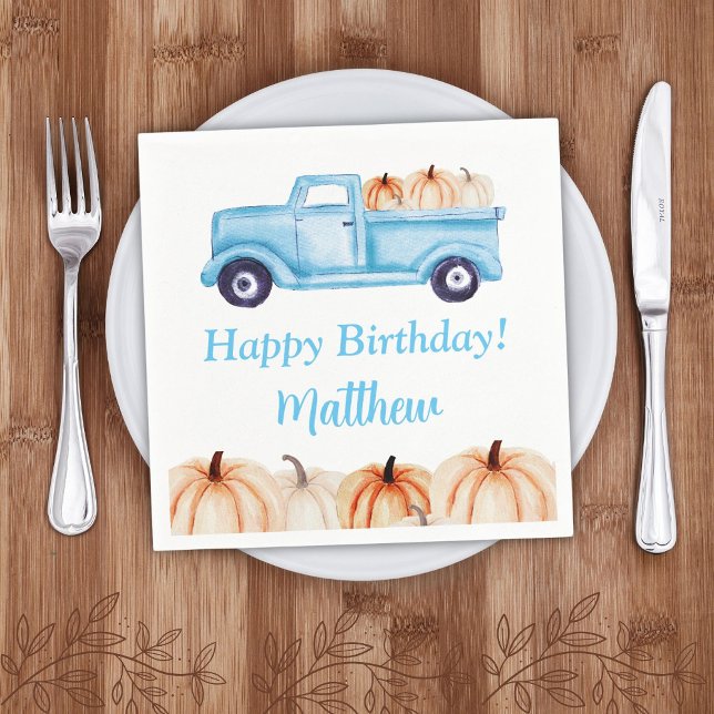 Blue Vintage Truck Pumpkin Boy Birthday Party Napkins (Creator Uploaded)