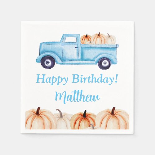 Blue Vintage Truck Pumpkin Boy Birthday Party Napkins