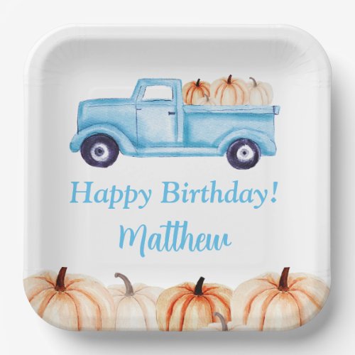 Blue Vintage Truck Pumpkin Boy Birthday Party Paper Plates