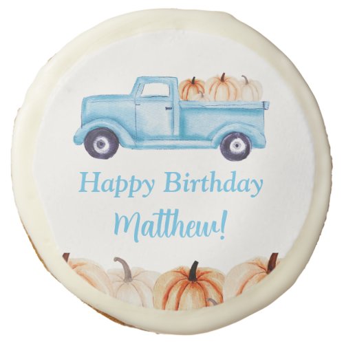 Blue Vintage Truck Pumpkin Boy Birthday Party Sugar Cookie