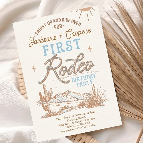 Blue Vintage Twin Boys First Rodeo 1st Birthday Invitation