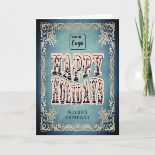 Blue Vintage victorian happy holidays custom logo  Holiday Card