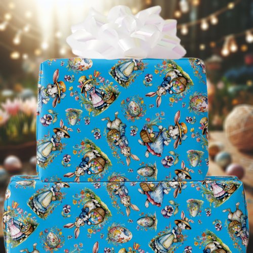 Blue Vintage Watercolor Easter Bunny Eggs Floral  Wrapping Paper