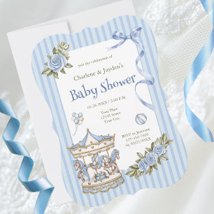 Blue Vintage Watercolor Horse Carousel Baby Shower Invitation