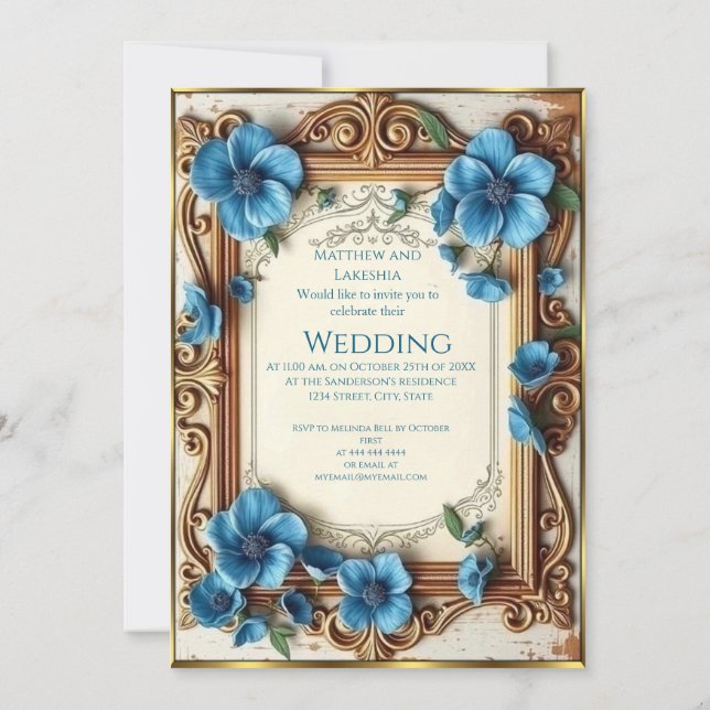Blue Vintage Wedding Beautiful floral French  Invitation (Back)