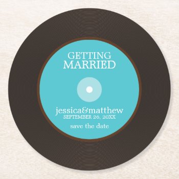 Blue Vinyl Record Wedding Save The Date Wedding Round Paper Coaster by heartlocked at Zazzle