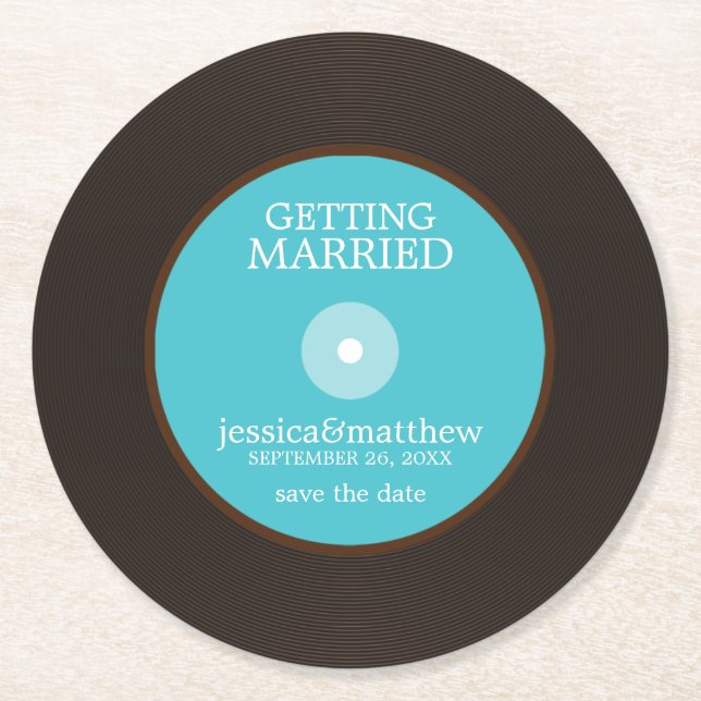 Blue Vinyl Record Wedding Save the Date Wedding Round Paper Coaster (Front)