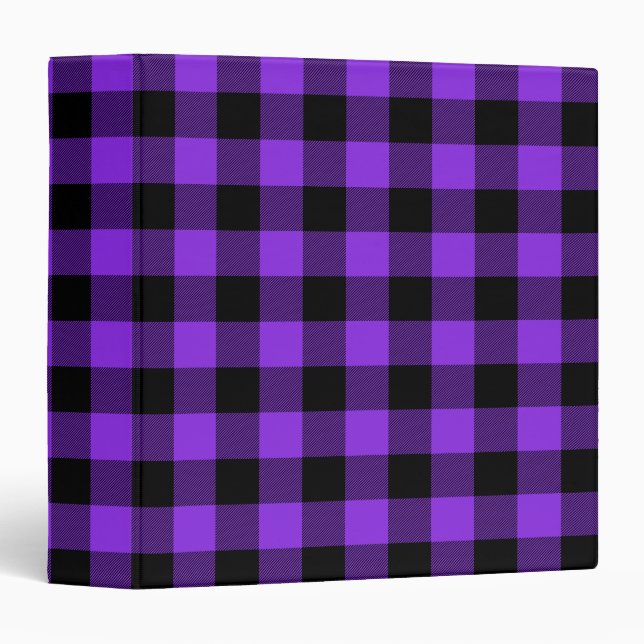 Blue Violet and Black Buffalo Plaid Gingham 3 Ring Binder (Front/Spine)
