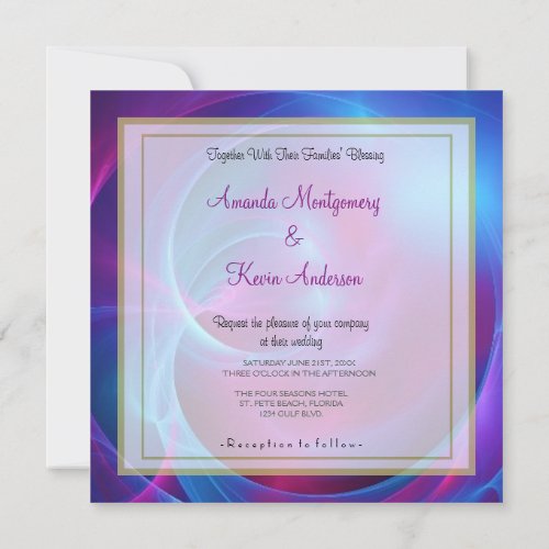 Blue Violet and Pink Cosmic Swirly Fracta Wedding Invitation