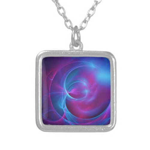 Blue Violet and Pink Cosmic Swirly Fractal Silver Plated Necklace