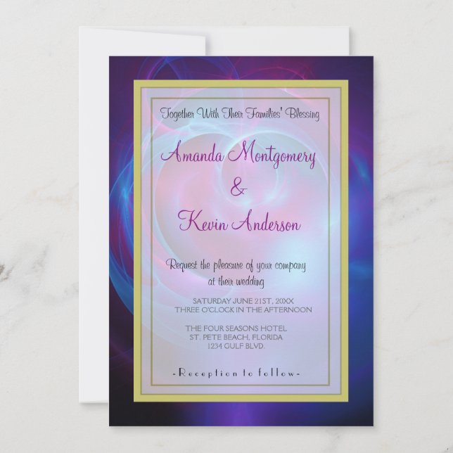 Blue Violet and Pink Cosmic Swirly Fractal Wedding Invitation (Back)