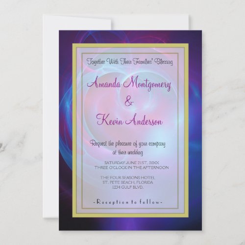 Blue Violet and Pink Cosmic Swirly Fractal Wedding Invitation