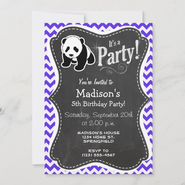 Blue Violet Chevron; Panda Invitation (Front)