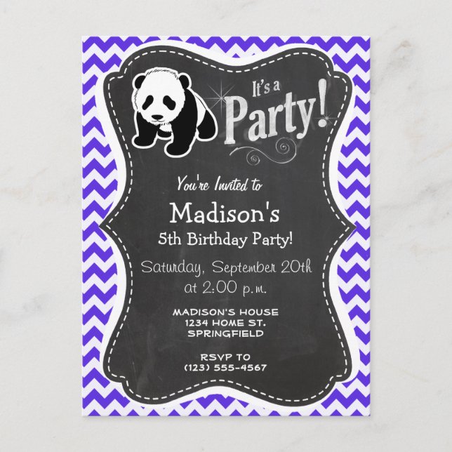 Blue Violet Chevron; Panda Invitation Postcard (Front)