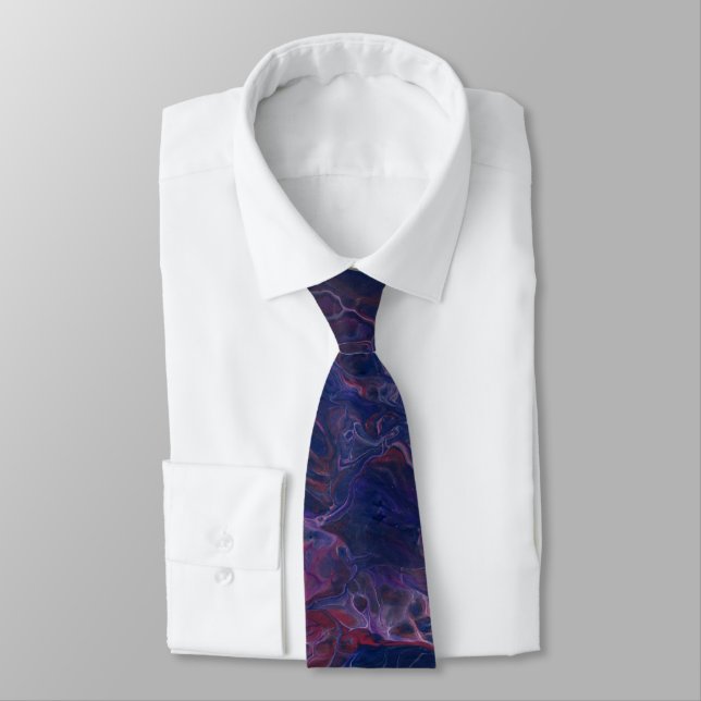 Blue Violet & Coral Red Marble Acrylic Abstraction Neck Tie (Tied)