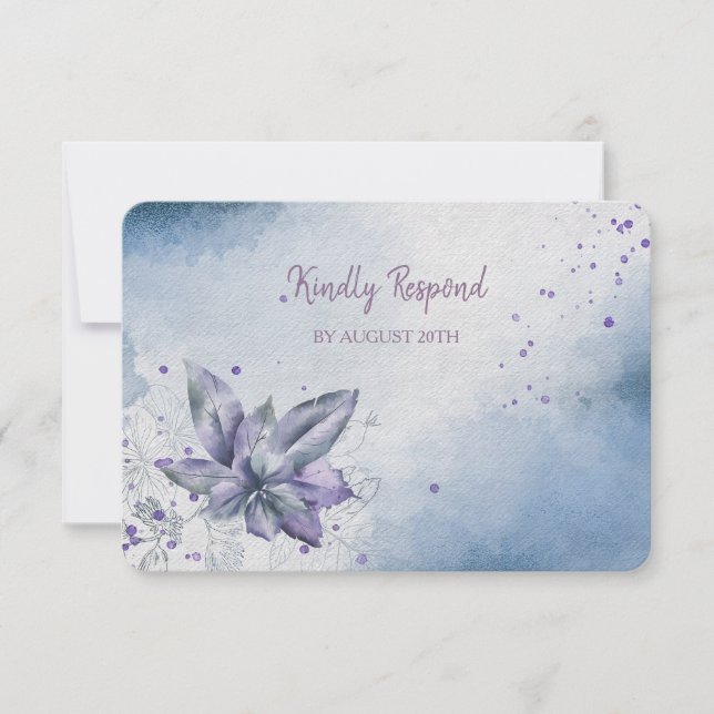Blue Violet Floral Modern Menu Wedding RSVP (Front)