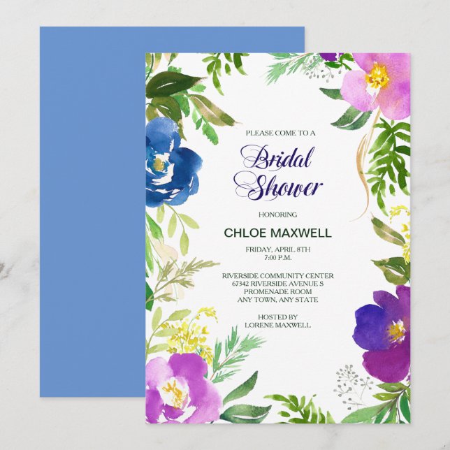 Blue Violet Garden Formal Bridal Shower Invitation (Front/Back)