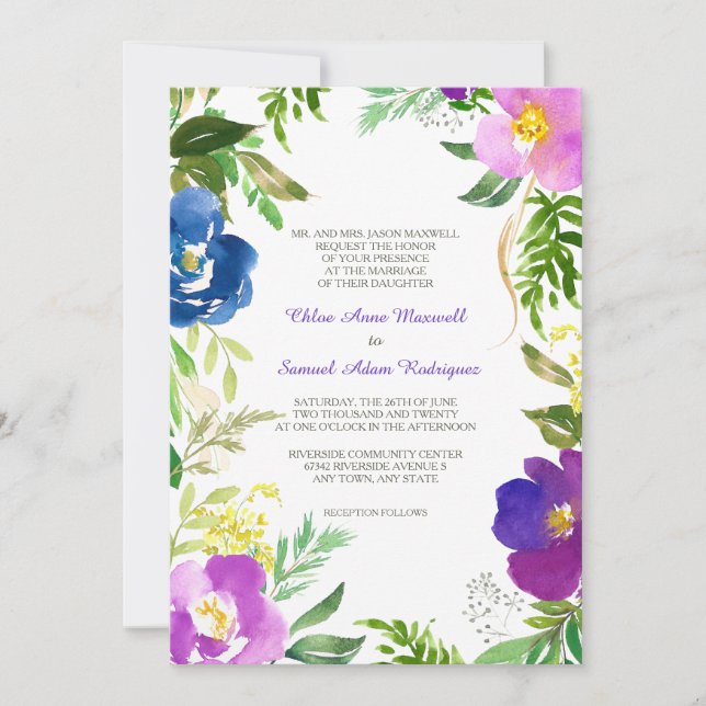 Blue Violet Garden Formal Wedding Invitation (Front)
