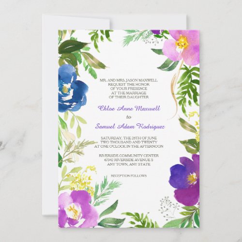 Blue Violet Garden Formal Wedding Invitation