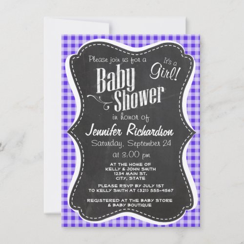Blue Violet Gingham; Chalkboard look Custom Announcements
