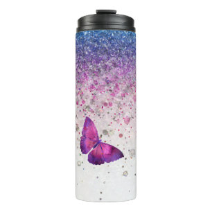 *~* Blue Violet Glitter Butterfly Girly Thermal Tumbler