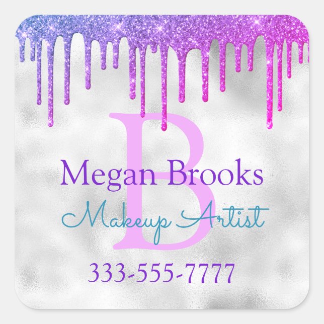 Blue Violet Glitter Drips, DIY Name Monogram Title Square Sticker (Front)