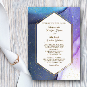 Blue Violet Gold Confetti Watercolor Wedding Invitation