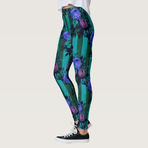 Blue Violet Gothic Roses Vertical Lines Garden Leggings