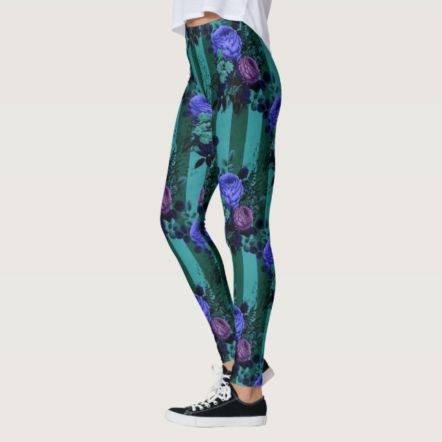 Blue Violet Gothic Roses Vertical Lines Garden Leggings (Left)
