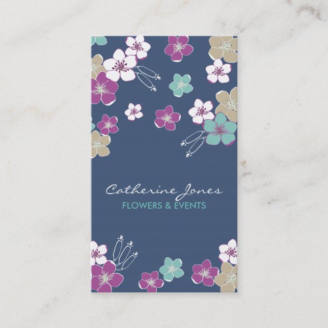 Blue violet hawaiian exotic flowers illustration business card (Front)