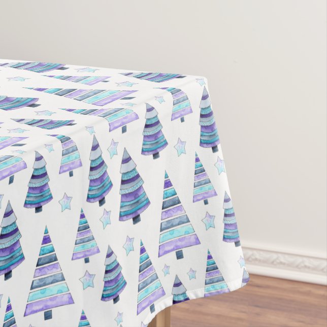 Blue Violet Modern Christmas Tree Pattern Tablecloth (In Situ)