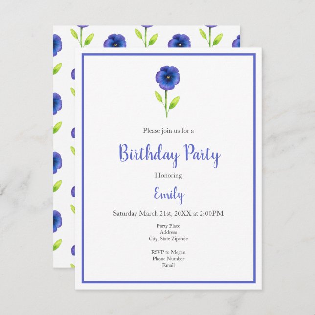 Blue Violet Pansies Invitation (Front/Back)