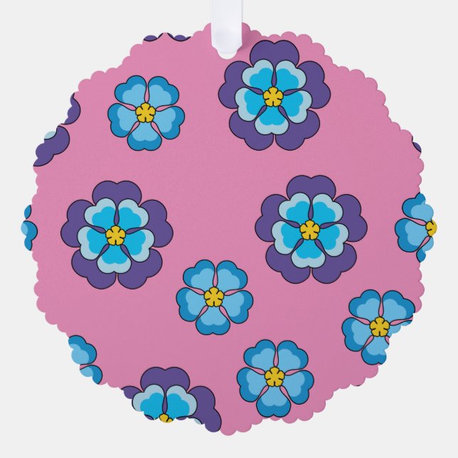 Blue Violet Pink Floral Pattern Ornament Card (Front)