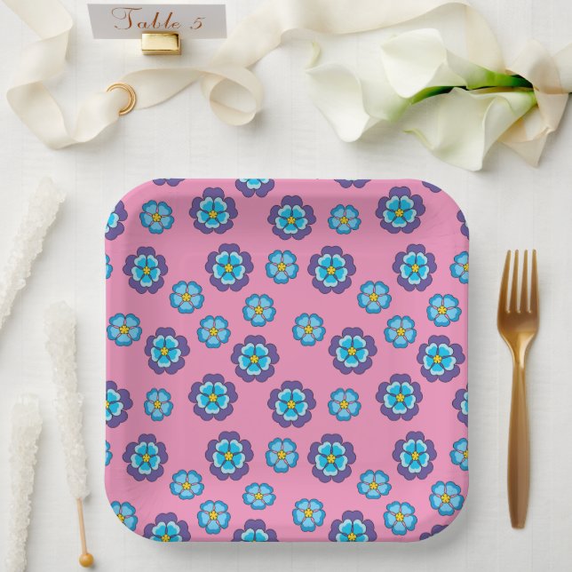 Blue Violet Pink Floral Pattern Paper Plates (Wedding)