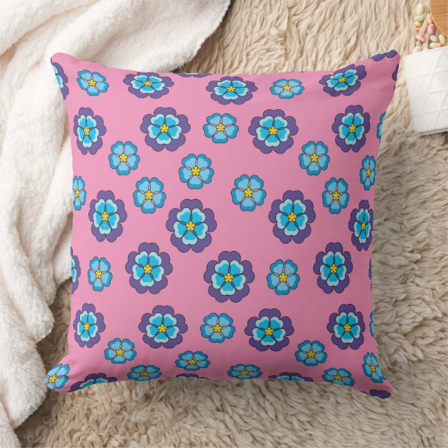 Blue Violet Pink Floral Pattern Throw Pillow (Blanket)