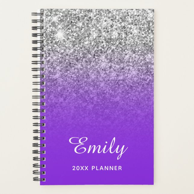 Blue Violet Silver Glitter Ombre Personalized Planner (Front)