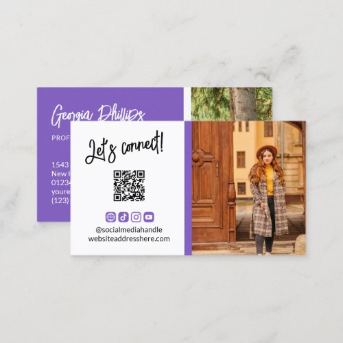 Blue Violet Social Media Icons QR Code Photo Business Card